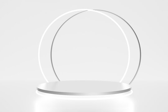 3d render of silver podium on a white background with white neon arch ring