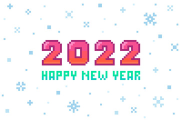 Happy New Year banner in pixel art style.