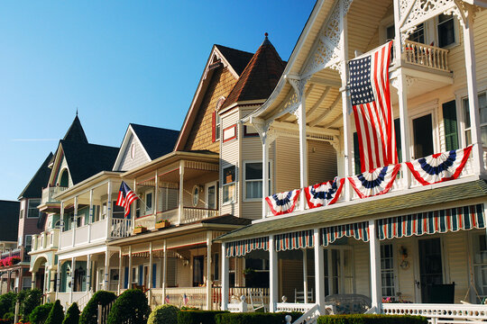 American flags adorn the Victorian homes on the Fourth of July