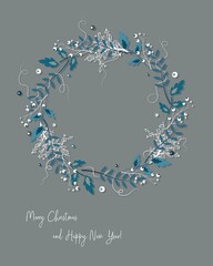 Vector illustration of a Christmas wreath. Blue wreath. Invitation, postcard with New Year's motives.

