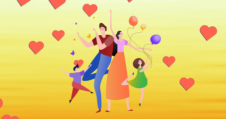 Image of illustration of happy family dancing with balloons and red hearts on yellow background