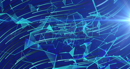 Image of glowing blue networks and lights moving on blue background