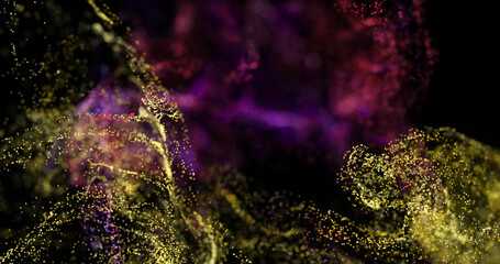 Image of pink and yellow particle clouds moving on black background