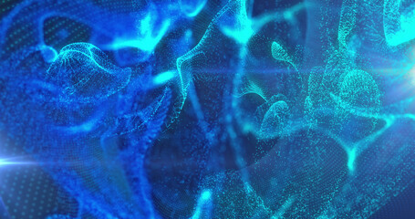 Image of glowing blue particle forms and lights moving on black background
