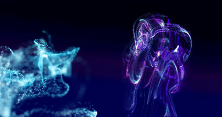 Image of glowing blue and purple particle forms moving on black background