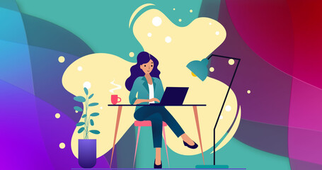 Image of illustration of woman sitting at table with coffee using laptop on abstract background