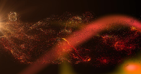Image of white, red and orange particle clouds and red light moving on black background