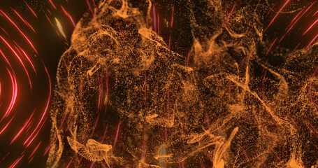 Image of orange and yellow particles moving with red and pink light streaks on black background