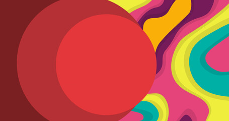 Image of red circles over colourful curved shapes in background
