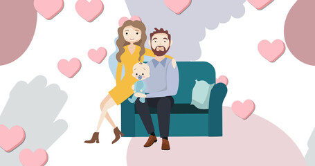 Image of illustration of happy parents sitting holding baby, with pink hearts on grey and white
