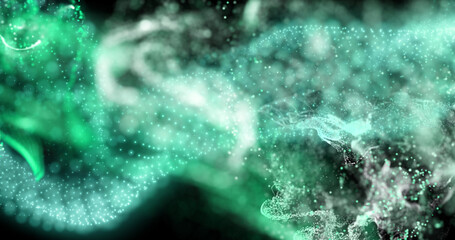 Image of green and white particles moving on black background