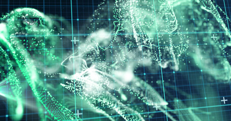 Image of green and white particles moving and blue grid on black background