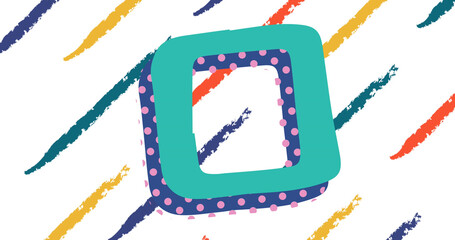 Image of blue frame with pink dots over colourful lines on white background