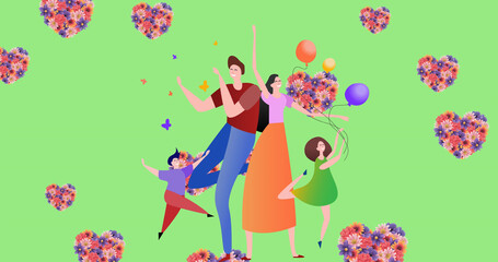 Image of illustration of happy family dancing with balloons and floral hearts, on green