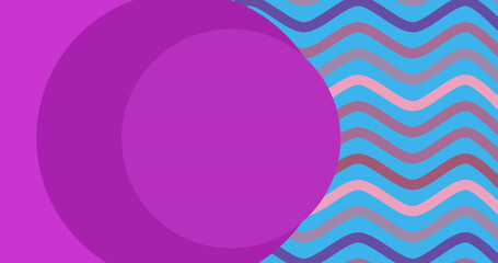 Image of purple circles over pink and purple wavy lines on blue background