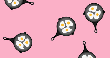 Image of frying pans with fried eggs falling on pink background