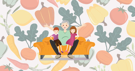 Image of illustration of happy grandfather with grandchildren on knee, vegetables in background