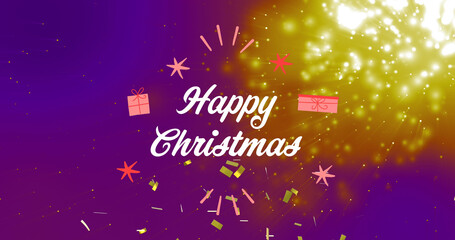 Image of happy christmas text over confetti and light spots