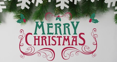 Fototapeta na wymiar Image of merry christmas text over fir tree branch