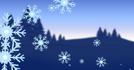 Fototapeta na wymiar Image of falling snowflakes over silhouetted trees and landscape at christmas time