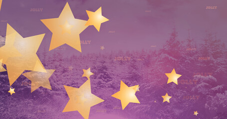 Image of jolly text and falling gold stars over snow covered christmas trees in field