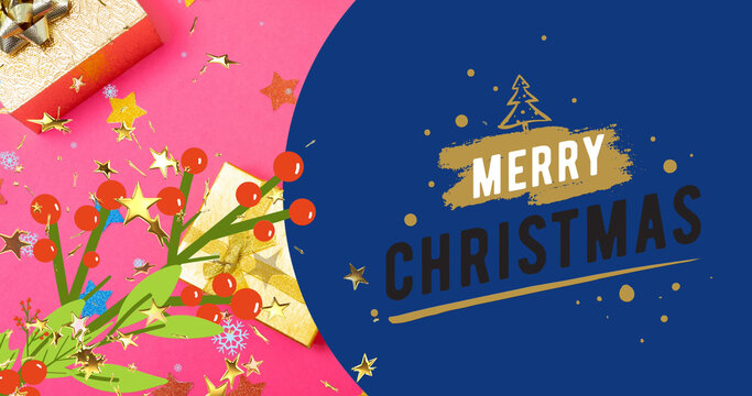 Image of merry christmas text with tree and falling gold stars over christmas decorations