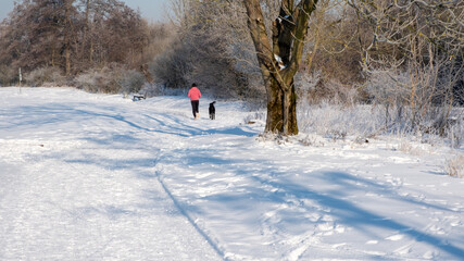Frau joggt mit Hund in verschneiter  Winterlandschaft