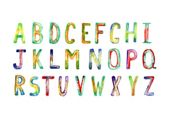 colorful watercolor alphabet isolated on white background, multicolored alphabet letters for depot dosine, the letters are drawn with a brush in bright color
