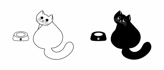 Cat asks for food, plaintive look at the owner, pet sits by the bowl vector illustration.