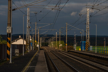 Fototapeta na wymiar Railway electric track near Steti town in autumn color day