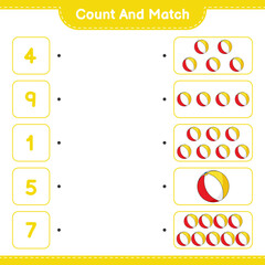 Count and match, count the number of Beach Ball and match with the right numbers. Educational children game, printable worksheet, vector illustration