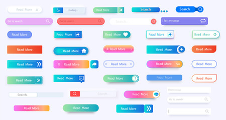 Set of vector modern material style buttons. Different colors of elements and icons. Design elements for website or app.  Flat minimalist buttons with color shadows for website, apps, ui - obrazy, fototapety, plakaty