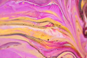 Fluid art painting. Abstract decorative marble texture. Background with liquid acrylic. Mixed paints for poster or wallpaper. Modern art. White, purple and golden colors.