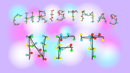 Christmas NFT non fungible token text from glowing garland dots on colorful blurred background. Pay for unique collectibles in games or art. For banner or news. Vector illustration. - obrazy, fototapety, plakaty