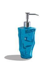 Plastic blue bottle dispenser with liquid soap for washing hands.