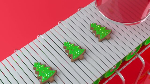 Christmas cookies in the form of Christmas trees moving along a conveyor. Santa's Christmas toy factory at the North Pole. Conveyor belts with Christmas presents. Seamless looping 3d animation 4K