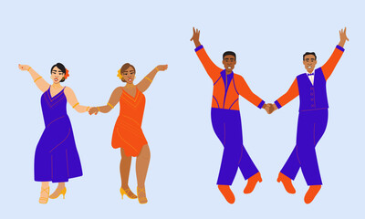 Obraz premium Illustration set of professional ballroom dancers in bright outfits