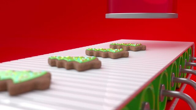 Christmas cookies in the form of Christmas trees moving along a conveyor. Santa's Christmas toy factory at the North Pole. Conveyor belts with Christmas presents. Seamless looping 3d animation 4K