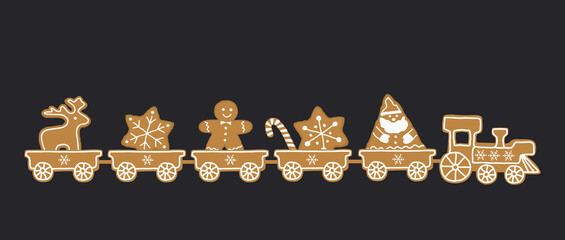 Gingerbread train. There is train with sweets on a dark blue background. There are santa claus, gingerbread man, deer, stars and candies in the picture. Greeting card template. Vector illustration © irynaalex