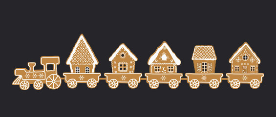 Gingerbread train. There is train with sweets on a dark blue background. There are gingerbread houses in the picture. Greeting card template. Vector illustration