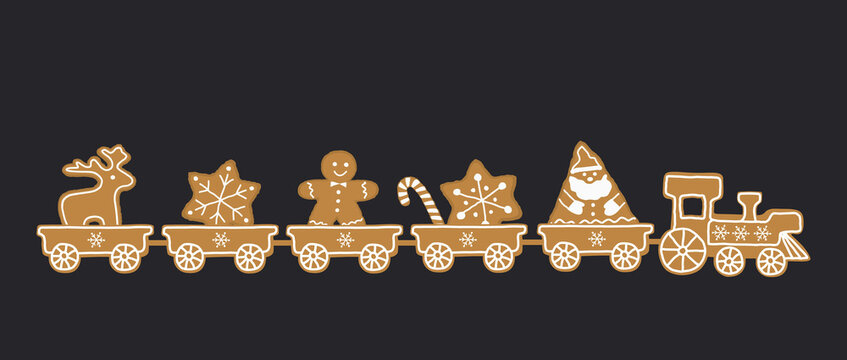 Gingerbread train. There is train with sweets on a dark blue background. There are santa claus, gingerbread man, deer, stars and candies in the picture. Greeting card template. Vector illustration