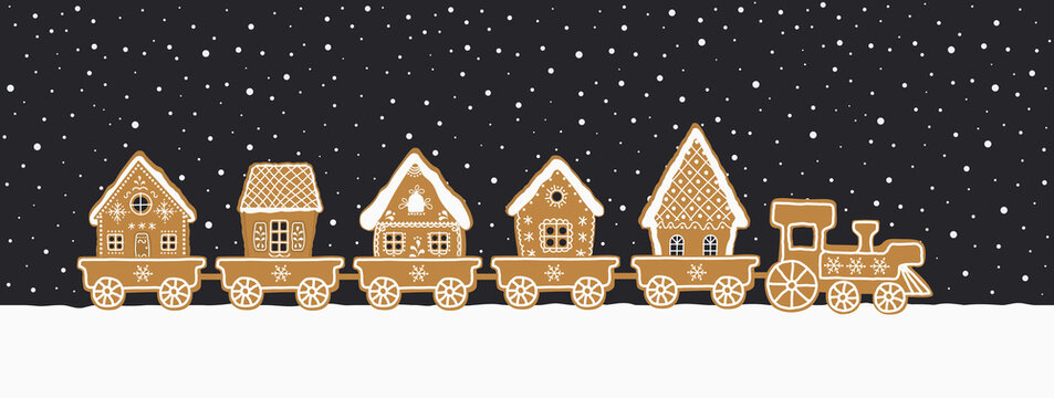 Gingerbread train. Seamless border. Holidays background. There is train with gingerbread houses on a dark blue background. Greeting card template. Vector illustration