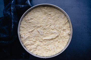 Uncooked Bread Dough in a Mixing Bowl: Rising French bread baguette dough in a stainless steel metal mixing bowl