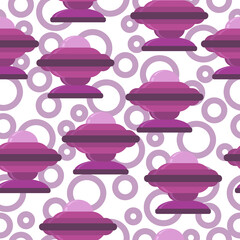 Seamless pattern of UFO spaceships in purple shades in cartoon style, flying objects and abstract circles on a white background
