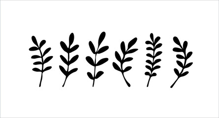 Set of black branches in the style of doodle. Leaf pickle isolated on white background. Vector image. Element for design.