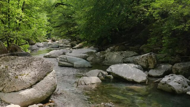 Caucasus. A flight in the Navalishinsky canyon over the Khosta mountain river. Subtropical forest.
