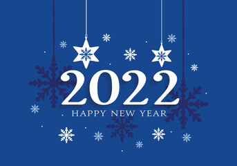 2022 Happy New Year card of snowflakes hanging and blue vector background.
