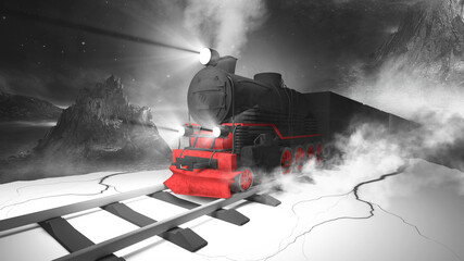 Fototapeta premium Night fantasy forest landscape with train. Night polar express train. Cold night landscape, smoke, smog, fog on the railroad. 3D illustration. 