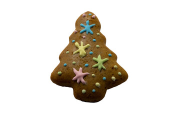 Christmas tree gingerbread isolated on white background. Christmas background. New Year theme. Merry Christmas and Happy New Year Holidays greeting card, frame, banner, copy space, sweet food