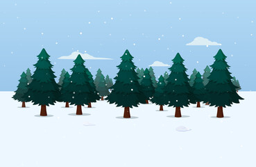 Obraz premium Winter Landscape With Pine Forest And Snow Fall Vector Illustration